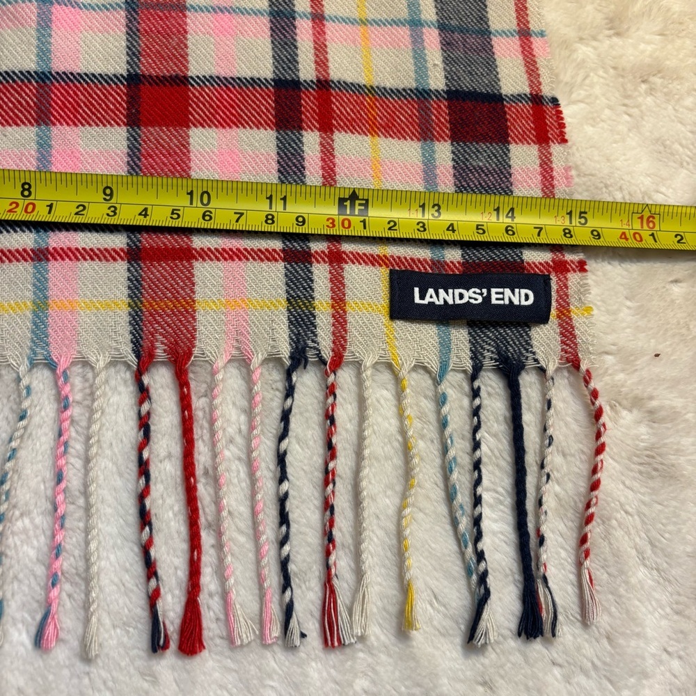 Lands' End Scarf Multicolor Plaid White Blue Red Pink Rope Fringe Cozy Soft - Picture 9 of 10
